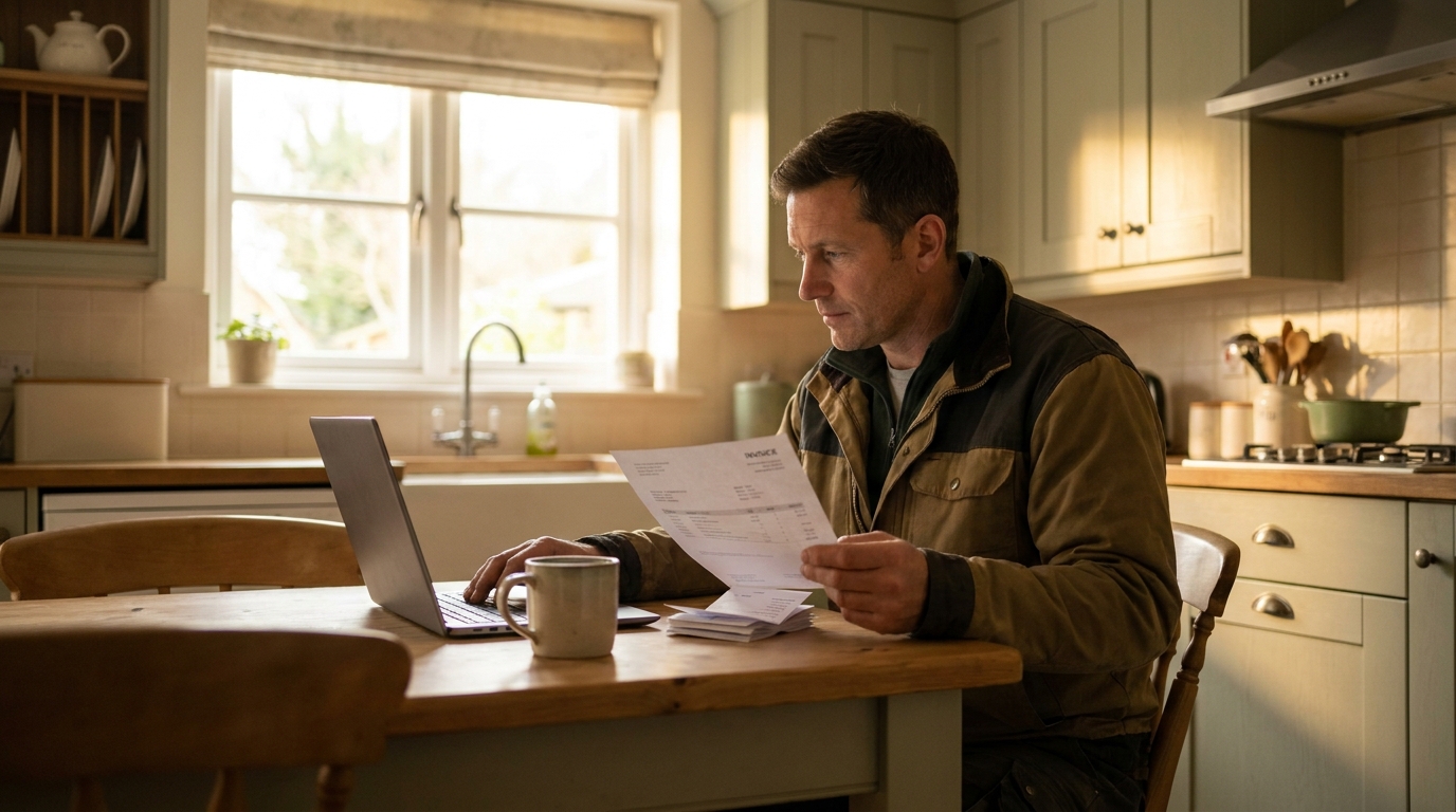 Landscaping business owner reviewing an itemized project invoice against stone supplier delivery tickets