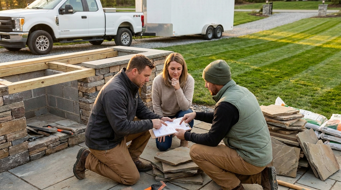 Two landscapers reviewing a marked-up change order on a clipboard beside a partially built outdoor kitchen