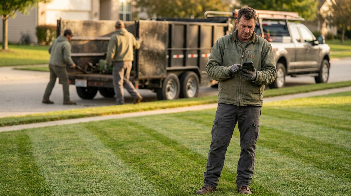 Landscaping crew foreman logging job details on a phone while the crew loads a trailer - the job-level data a ledger never sees