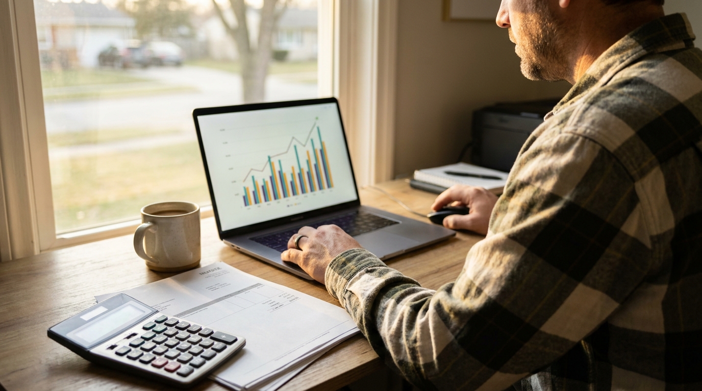Landscaping company owner reviewing profit figures on a laptop beside a stack of paper invoices at a home office desk