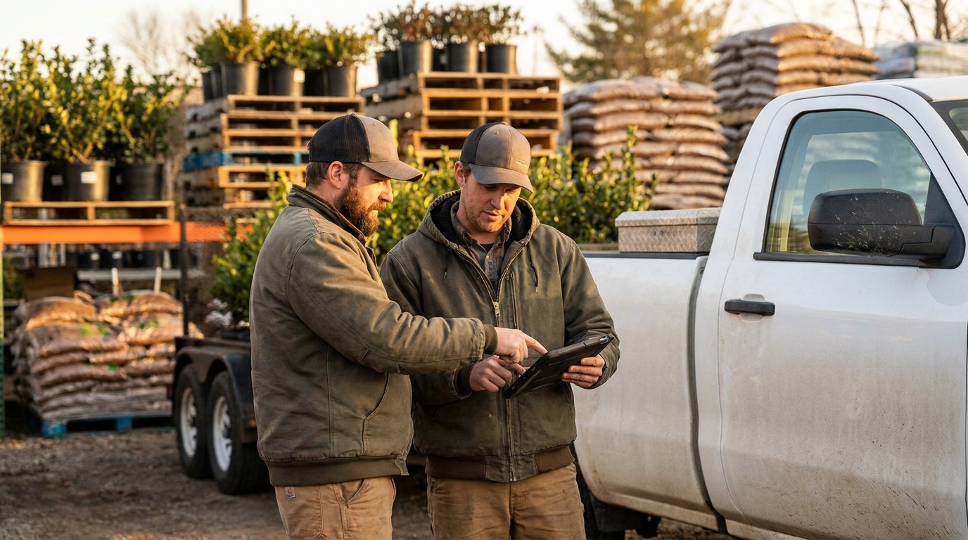 Two landscaping business partners comparing software costs on a tablet beside their work truck in a nursery yard
