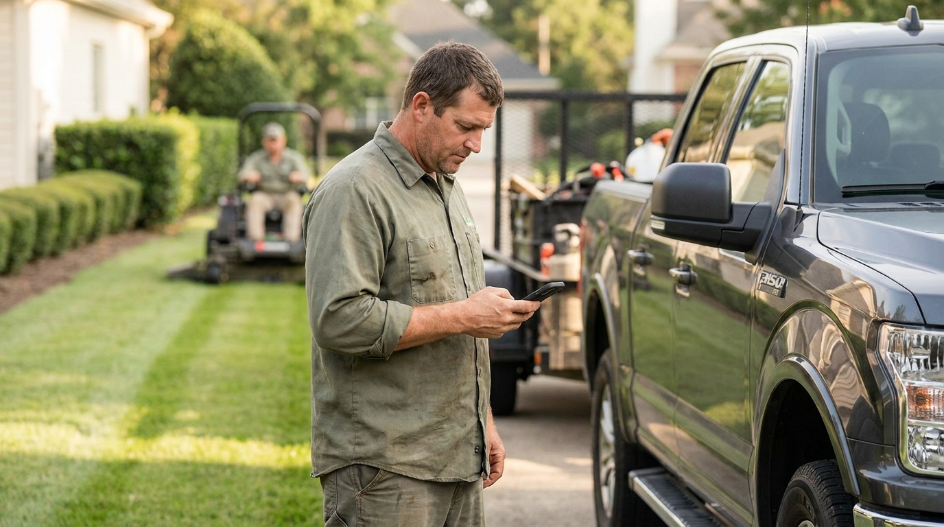 Crew leader checking a phone beside a truck and trailer at a residential landscaping job site