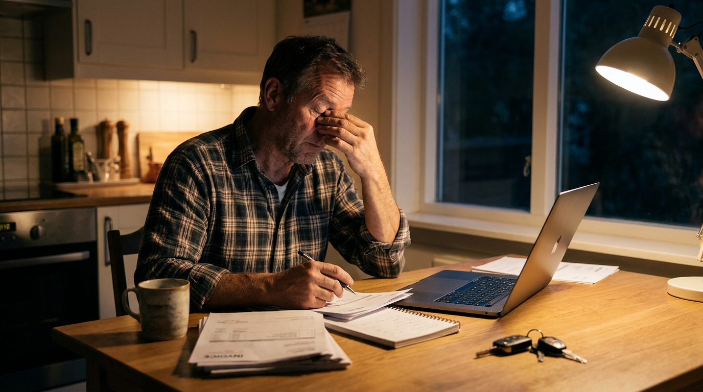 Landscaping business owner doing invoice paperwork at a kitchen table in the evening beside a laptop