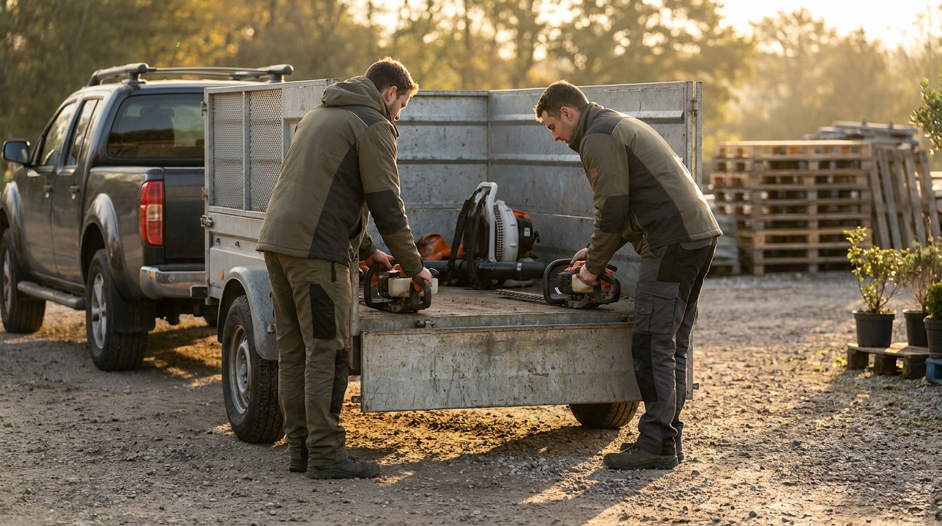 Landscaping crew loading trimmers and a blower into a trailer at the end of the work day