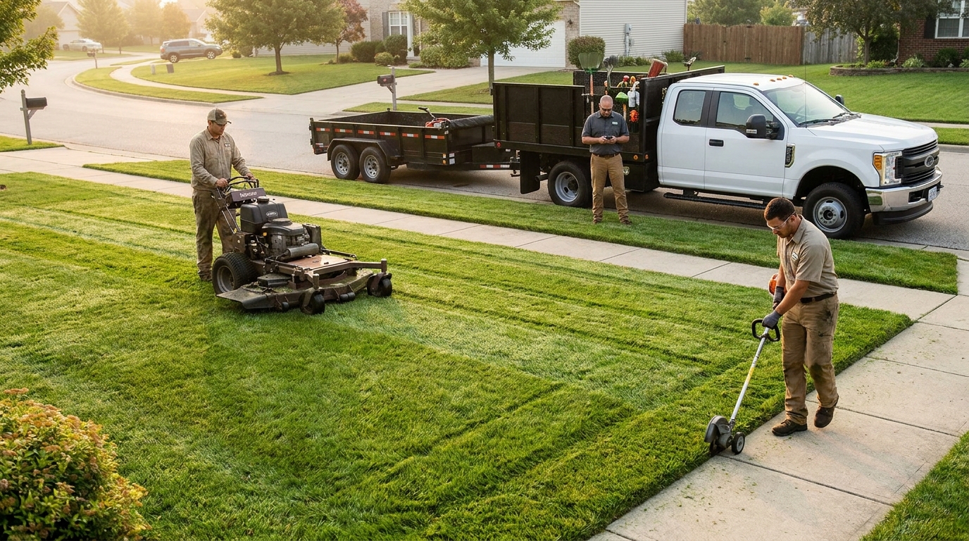 Two-person landscaping crew mowing and edging a suburban lawn during the maintenance season