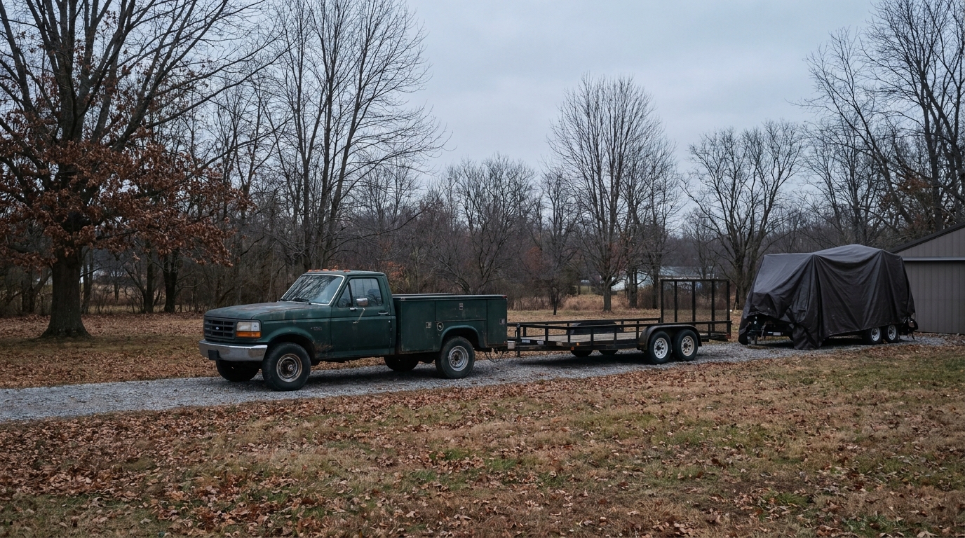 Landscaping work truck and empty trailer parked on a quiet driveway in the off-season