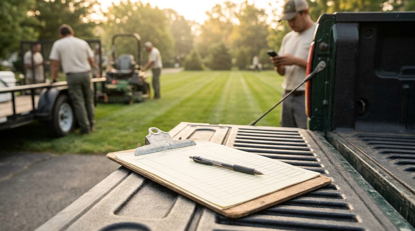 Blank printed form on a clipboard resting on a work truck tailgate at a landscaping job site