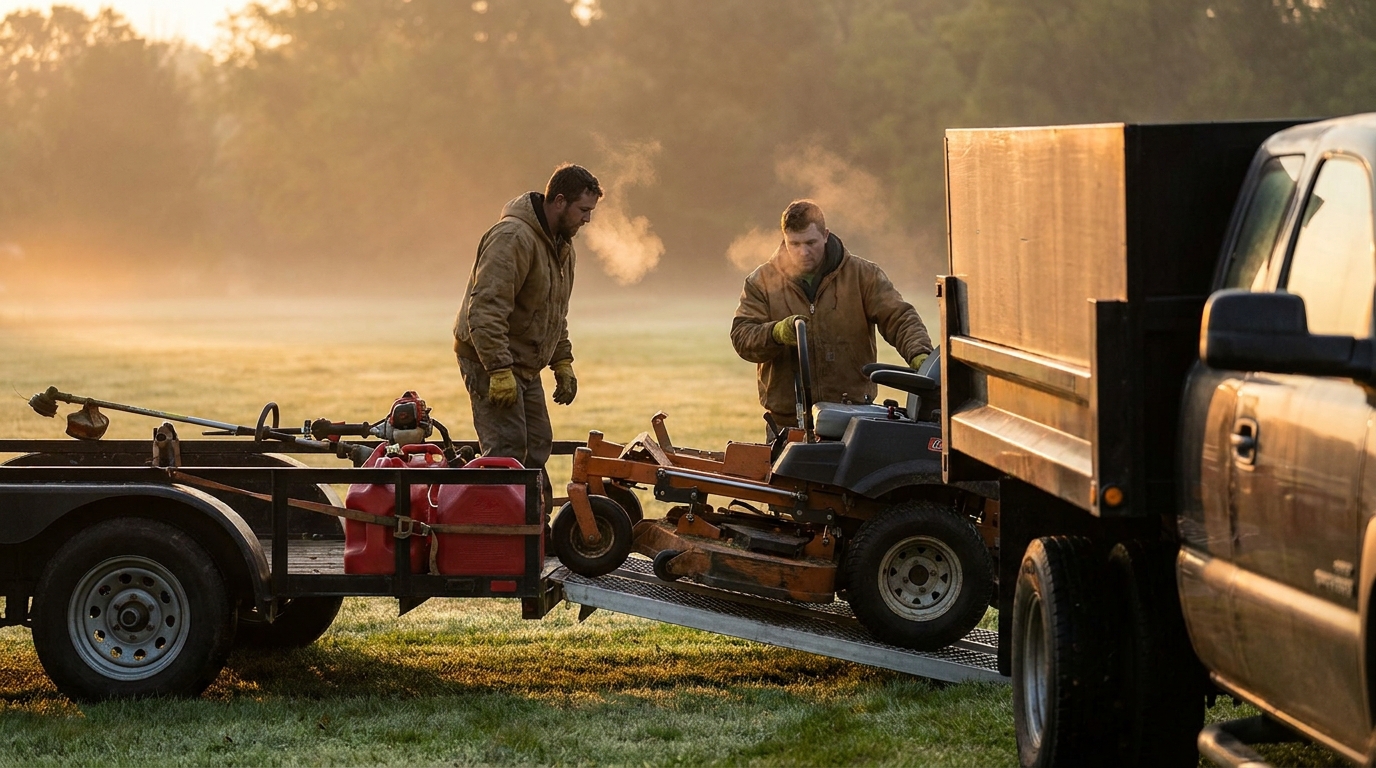 Landscaping crew loading a commercial zero-turn mower onto a trailer at first light before the route