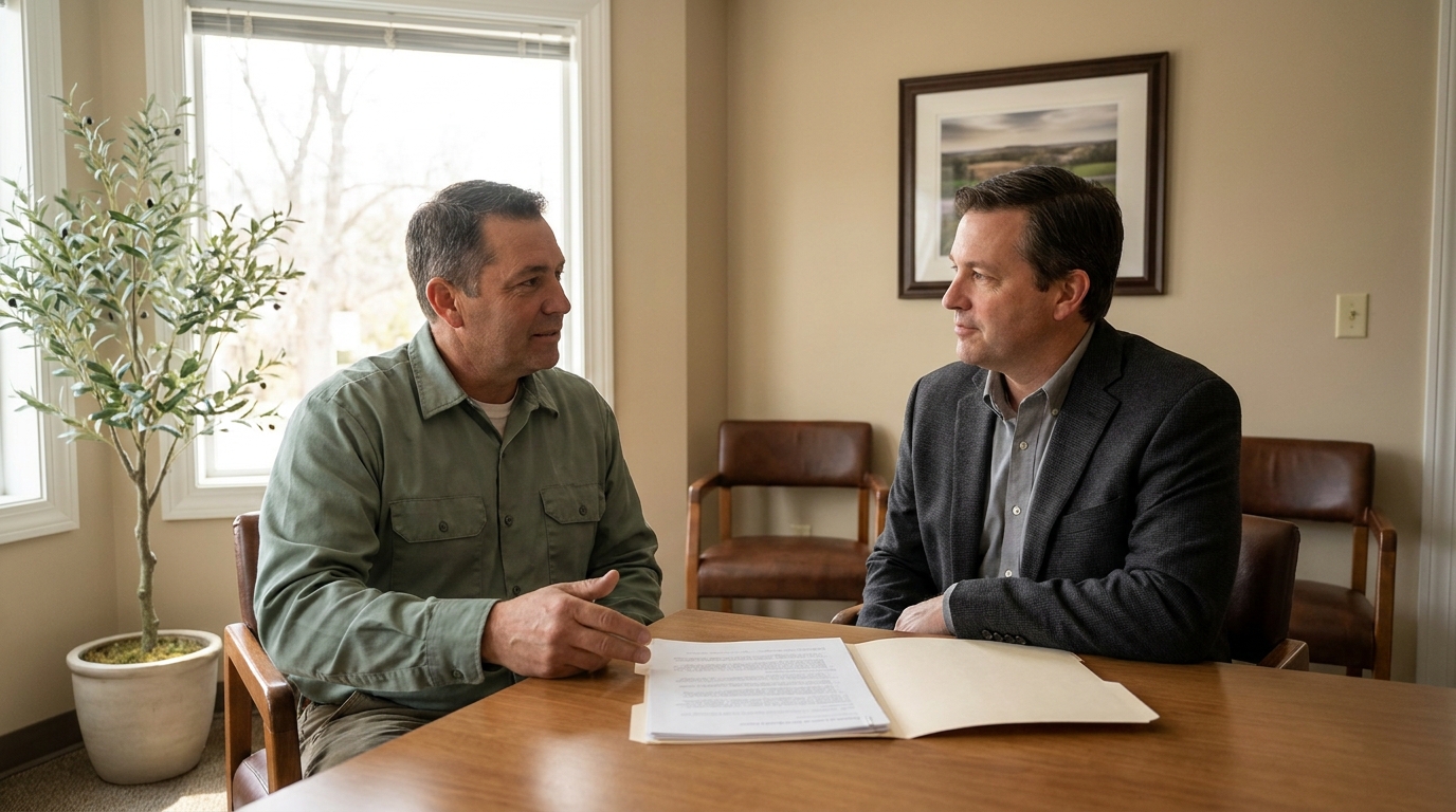 Landscaping business owner reviewing printed financial pages with a lender across a desk in a community bank office