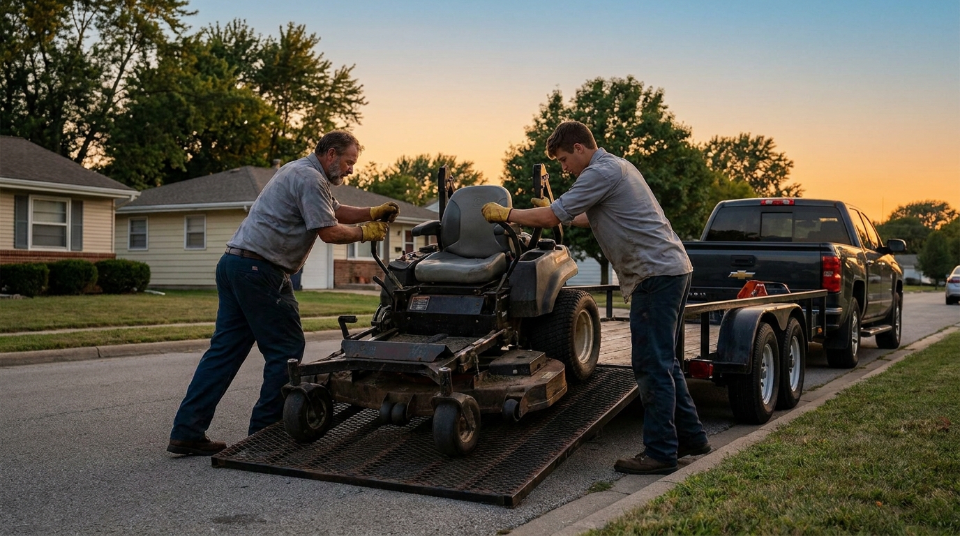 A landscaping business owner and one employee loading a zero-turn mower onto a trailer at dusk