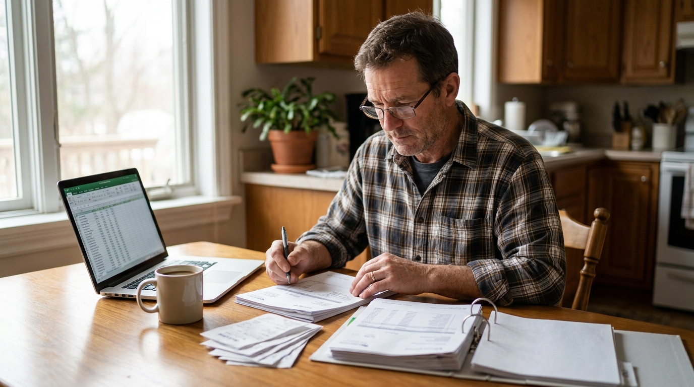 A landscaping business owner working through invoices, receipts and bank statements at a kitchen table