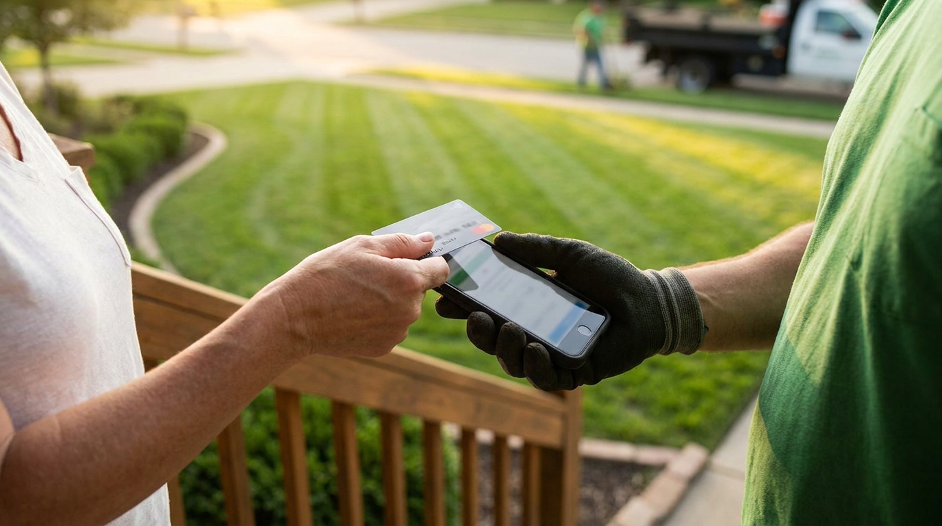 Homeowner tapping a credit card on a phone held by a landscaping crew member at the front door after a mowing visit