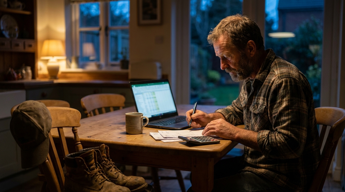 Landscaping business owner at a kitchen table in the evening reviewing monthly invoices and statements on a laptop