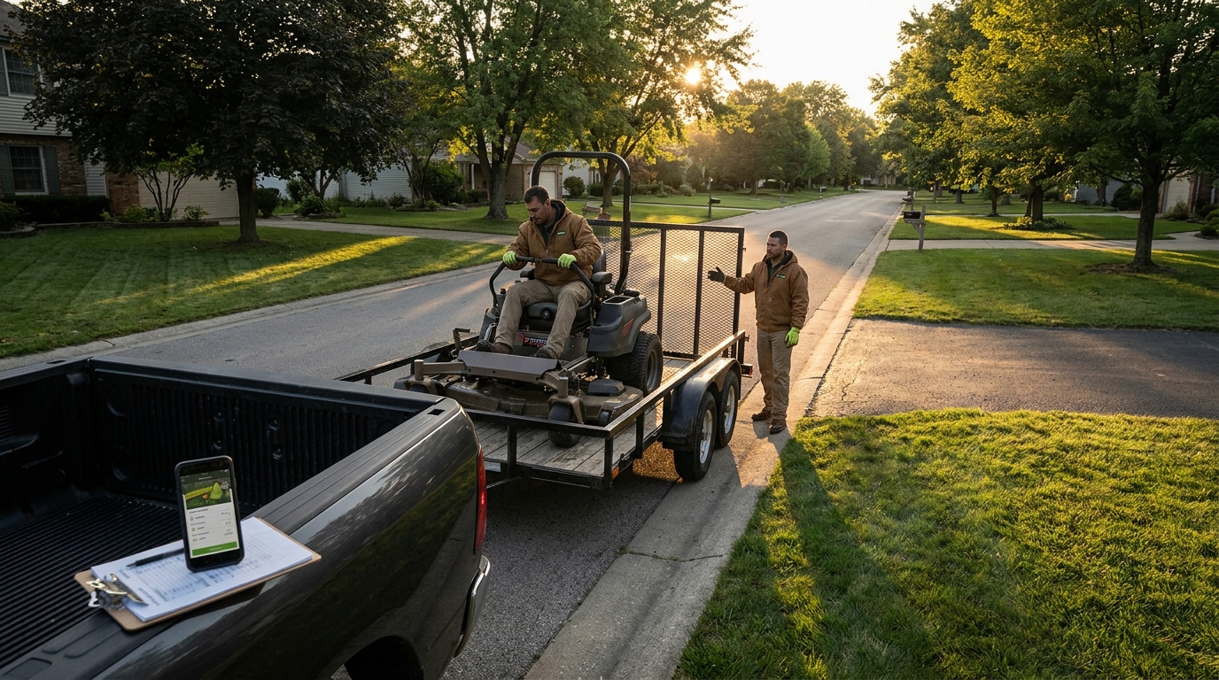 Two-person landscaping crew loading a zero-turn mower onto a trailer at dusk at the end of a full route