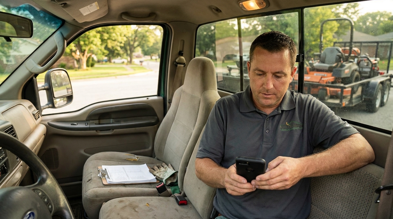 Crew leader checking the day's maintenance route and stop list from the truck cab before leaving the yard
