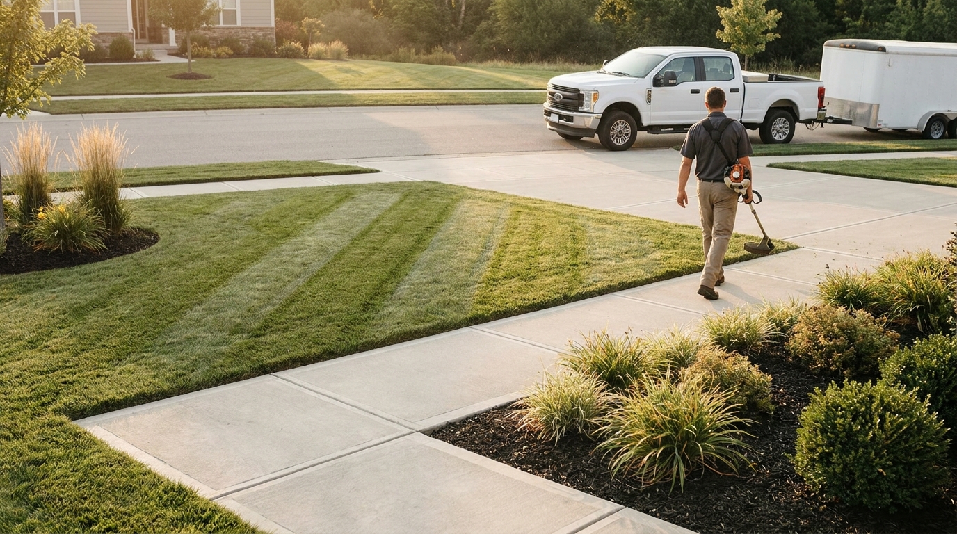 Finished residential lawn with crisp mow stripes and edged walkway at golden hour after a maintenance visit