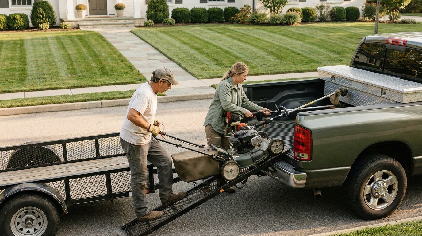 A landscaping crew loading mowers and trimmers into a work truck, illustrating the labor cost behind every job