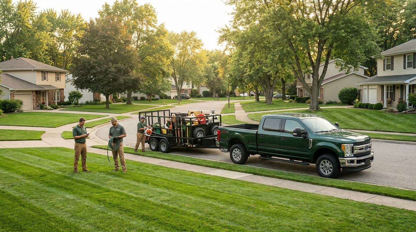 A landscaper's truck and trailer parked on a tidy suburban street with several mowed lawns, showing an efficient clustered route