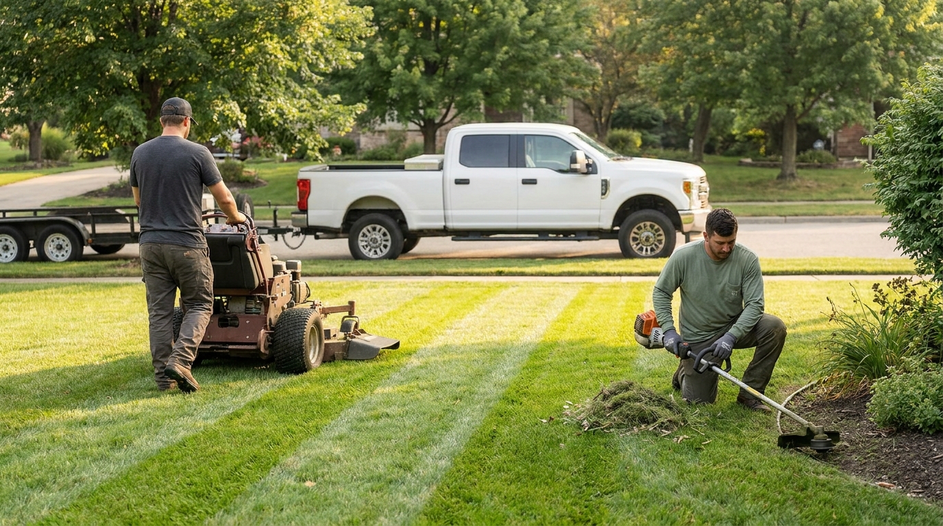 Landscaping crew mowing and edging a suburban property they service every week