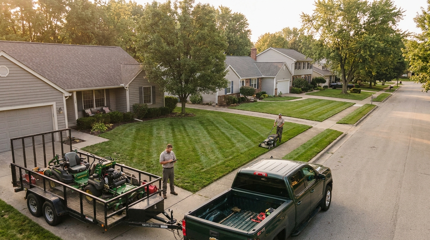 Landscaping truck and trailer parked on a suburban street lined with other maintained properties on the same route