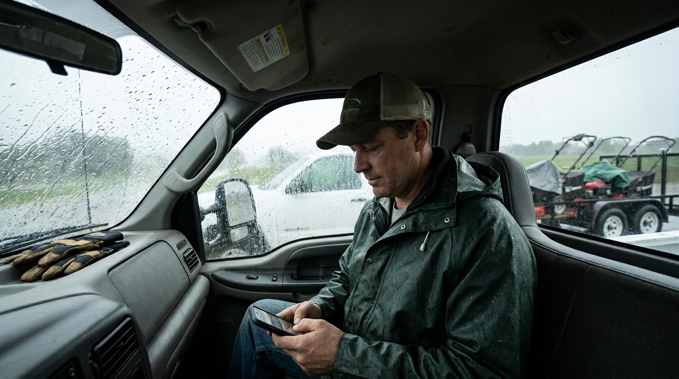 Landscaper sitting in a truck cab in heavy rain checking his phone, mowers tarped on the trailer