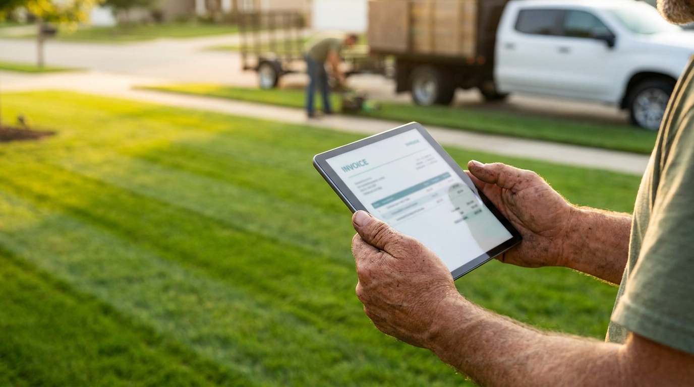 Landscaper holding a tablet showing a clean invoice beside a freshly mowed striped lawn