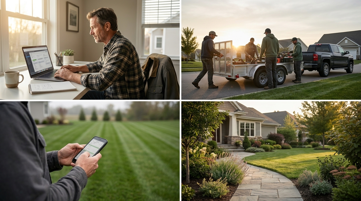 Landscaping business owner at a home office desk comparing software options on a laptop in morning light