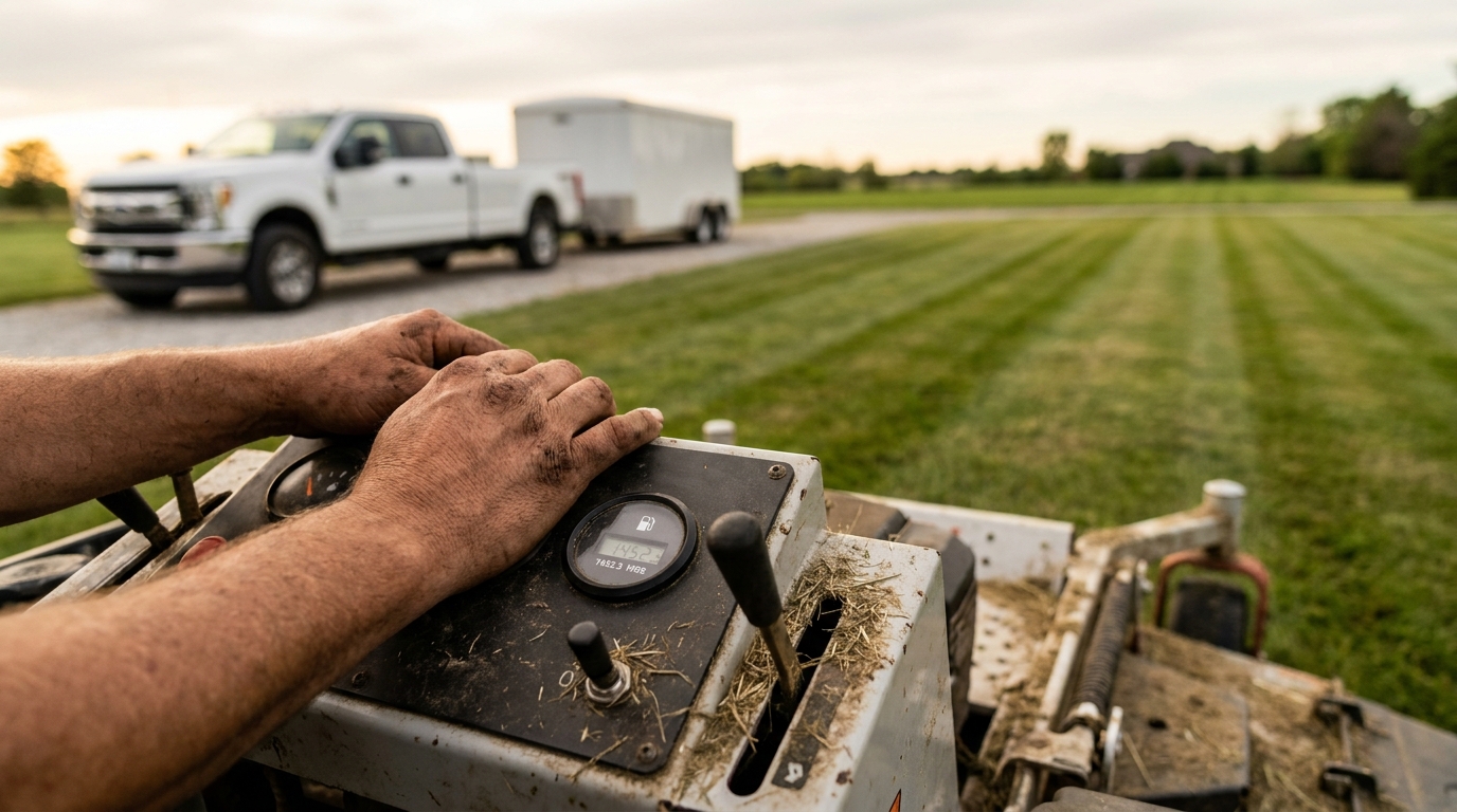 Hour meter and controls on a commercial zero-turn mower used by a lawn care business