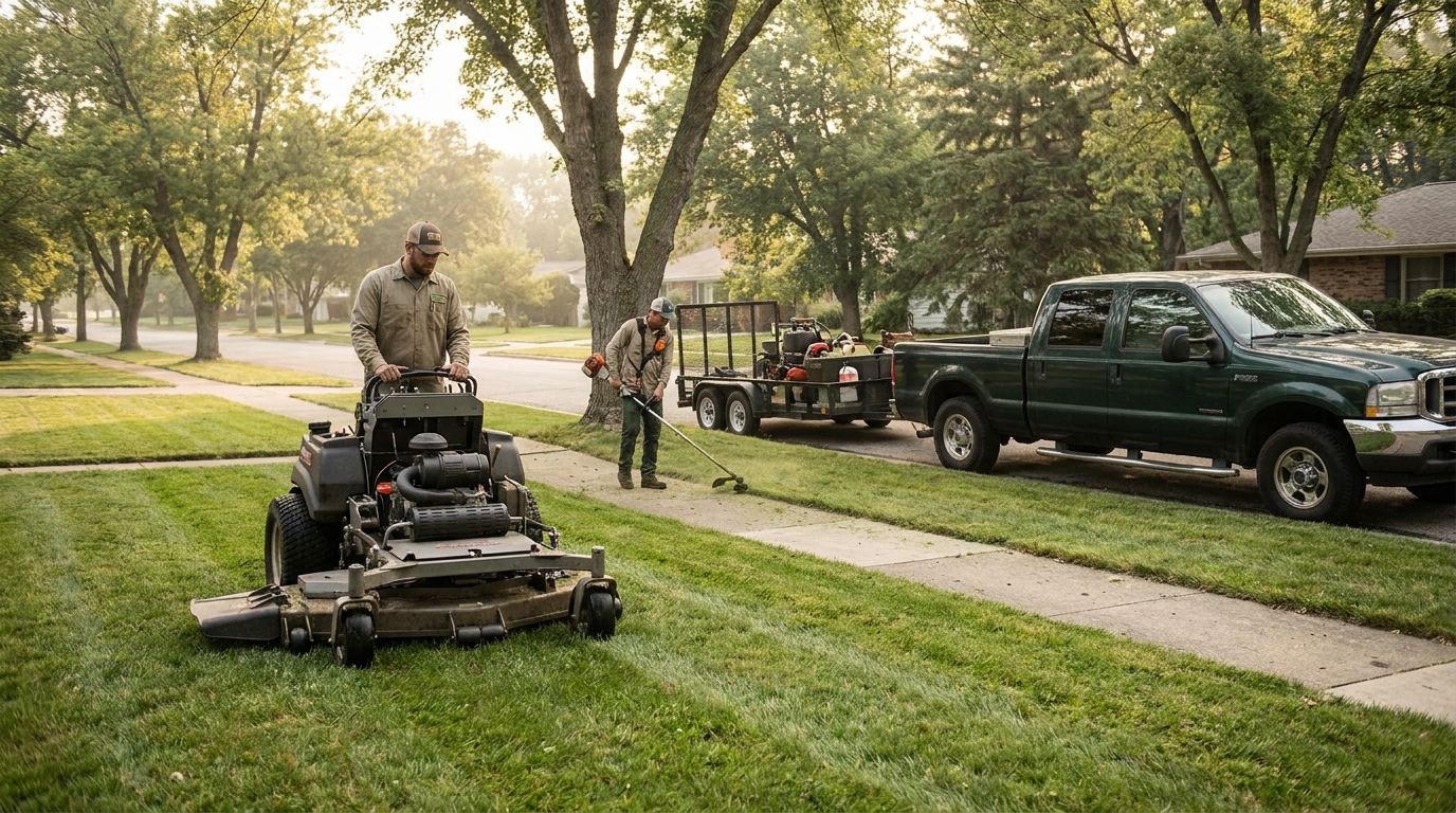 Two-person lawn care crew mowing and edging a suburban lawn with truck and trailer at the curb