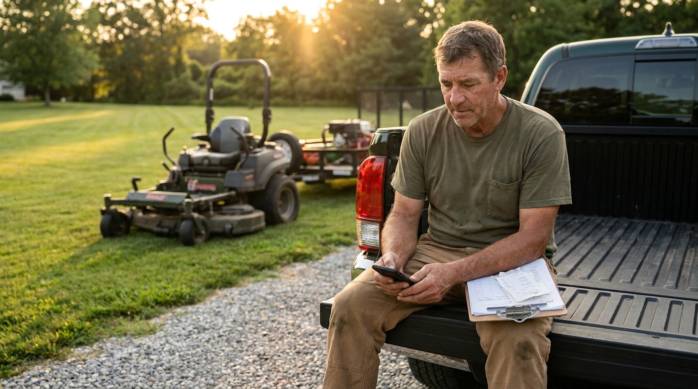 Lawn care business owner reviewing equipment receipts and costs on a truck tailgate at the end of the day