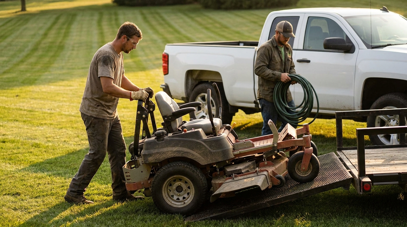 Landscaping crew loading a commercial mower onto a trailer at the end of a job