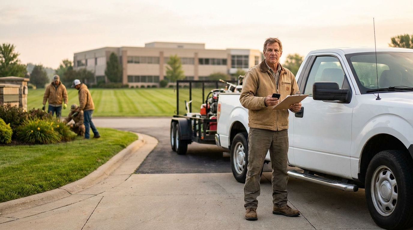 Landscaping business owner reviewing paperwork on a clipboard at a commercial property