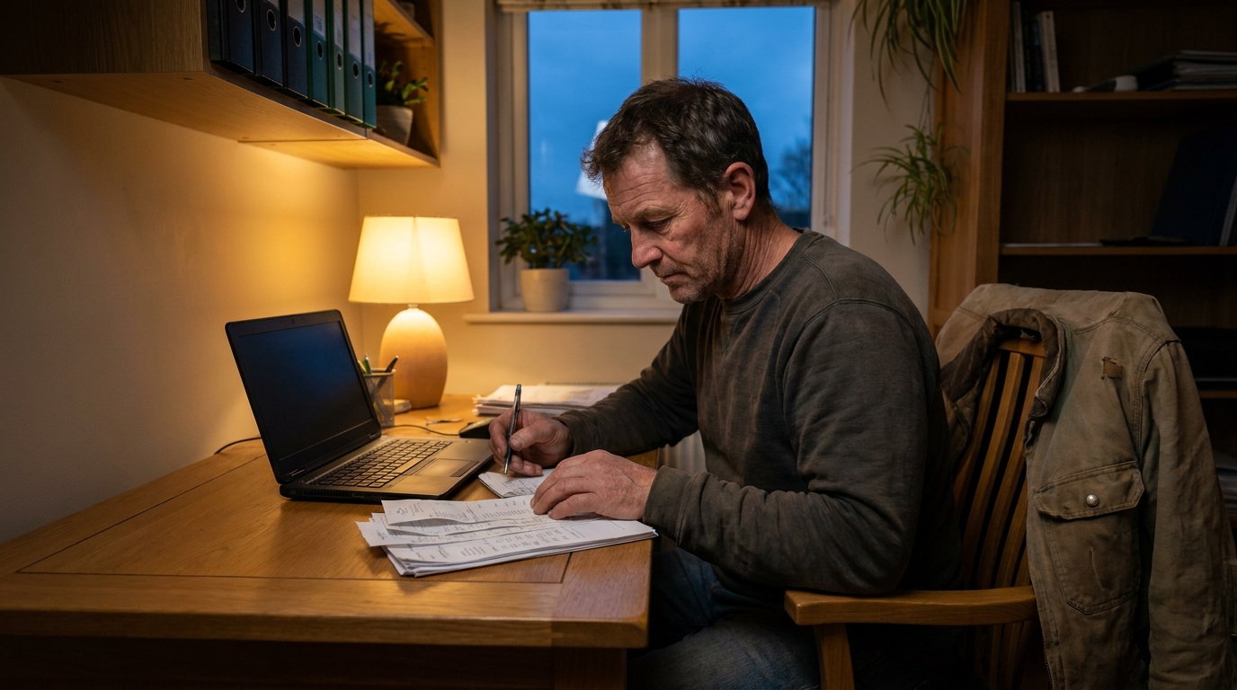 Landscaper going through receipts and timesheets at a home office desk in the evening