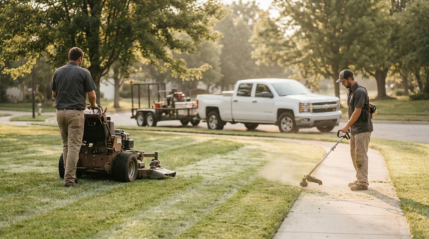 Two-person landscaping crew mowing and edging a suburban front lawn on a summer morning