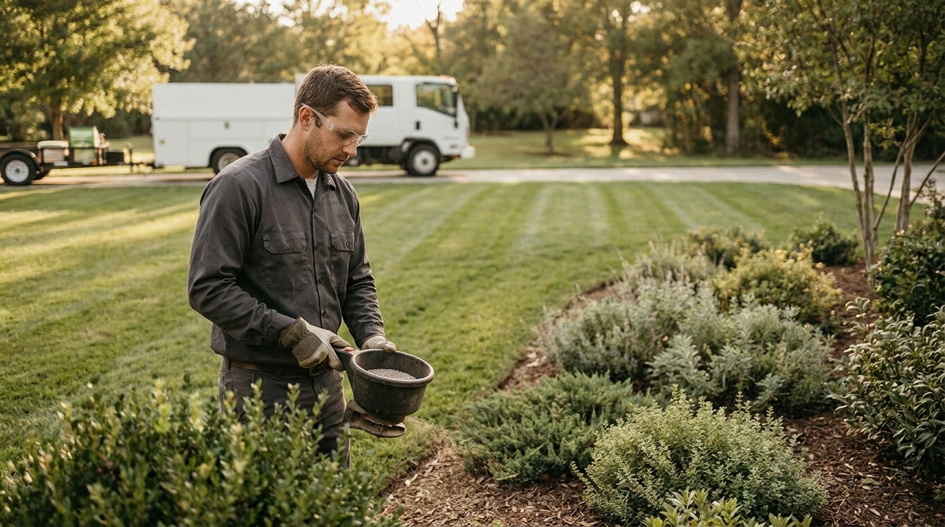 Landscape technician applying granular product with a handheld spreader to an ornamental planting bed