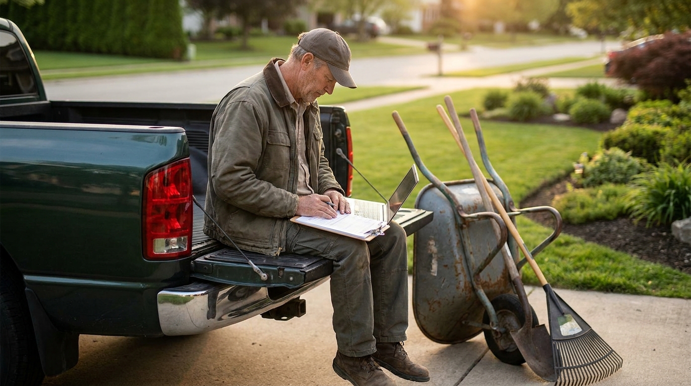 Landscaping contractor reviewing paperwork on the tailgate of his truck at the end of the workday