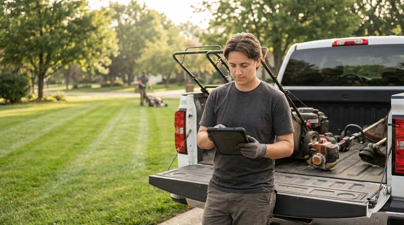Lawn care crew member using a rugged tablet at the tailgate of a work truck