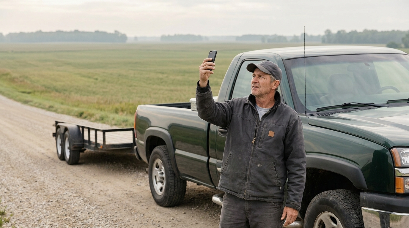 Landscaper checking a phone for signal beside a pickup truck on a rural gravel road
