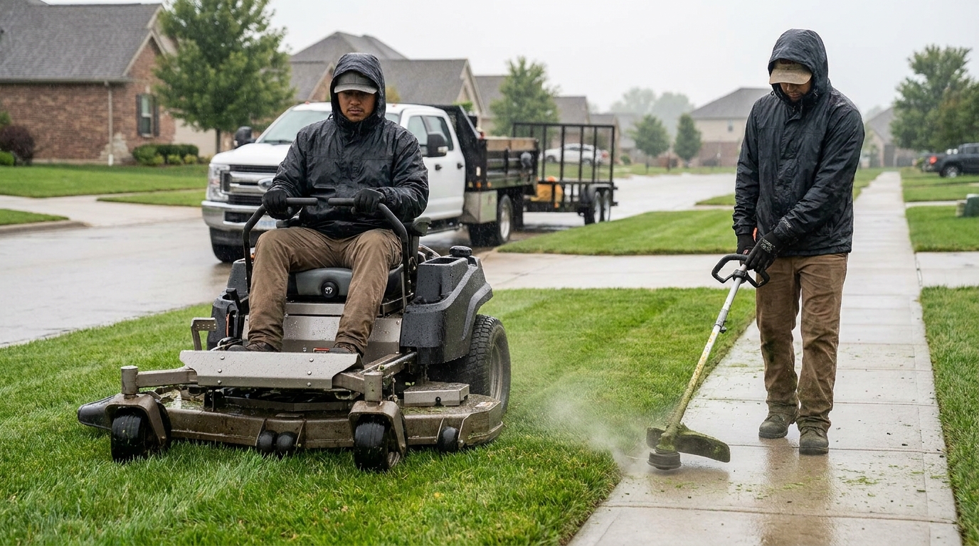 Landscaping crew mowing a wet suburban lawn on a drizzly morning, the situation a weather clause in a lawn care contract has to cover