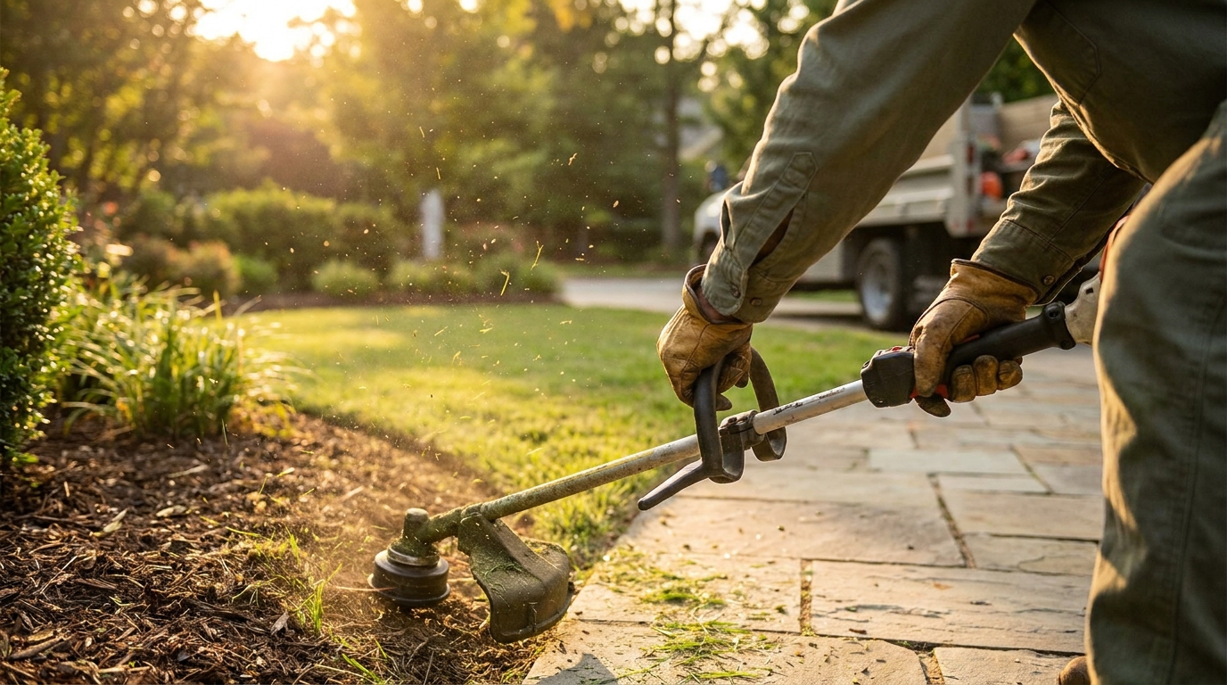 Landscaper hand-edging a mulched bed border with a string trimmer, the kind of extra work a scope clause in a lawn care contract has to price