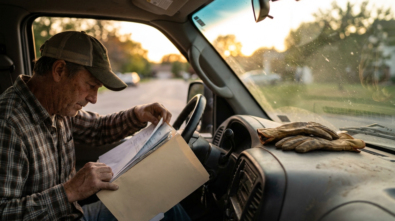 Landscaping business owner sorting client paperwork in the truck cab at the end of the day, the invoicing and payment-terms side of a lawn care contract