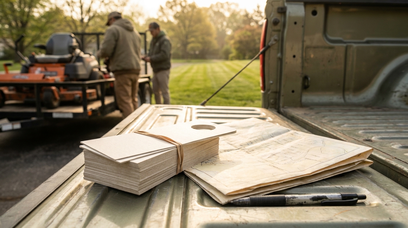 Bundled lawn care flyers and door hangers on a work truck tailgate with a neighborhood map
