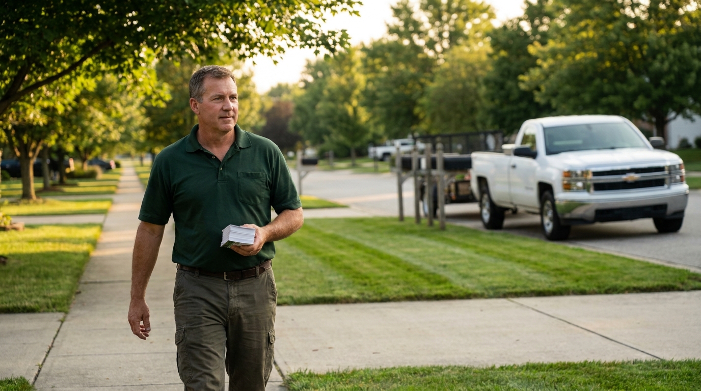 Lawn care business owner carrying printed flyers past residential mailboxes on a suburban street