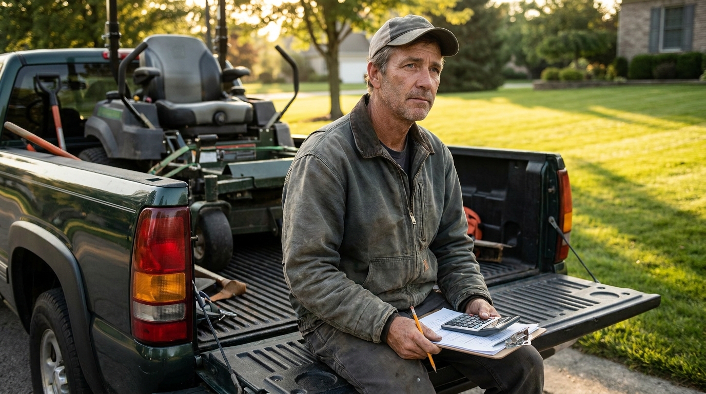 Landscaping business owner doing campaign math on a clipboard on his truck tailgate at dusk