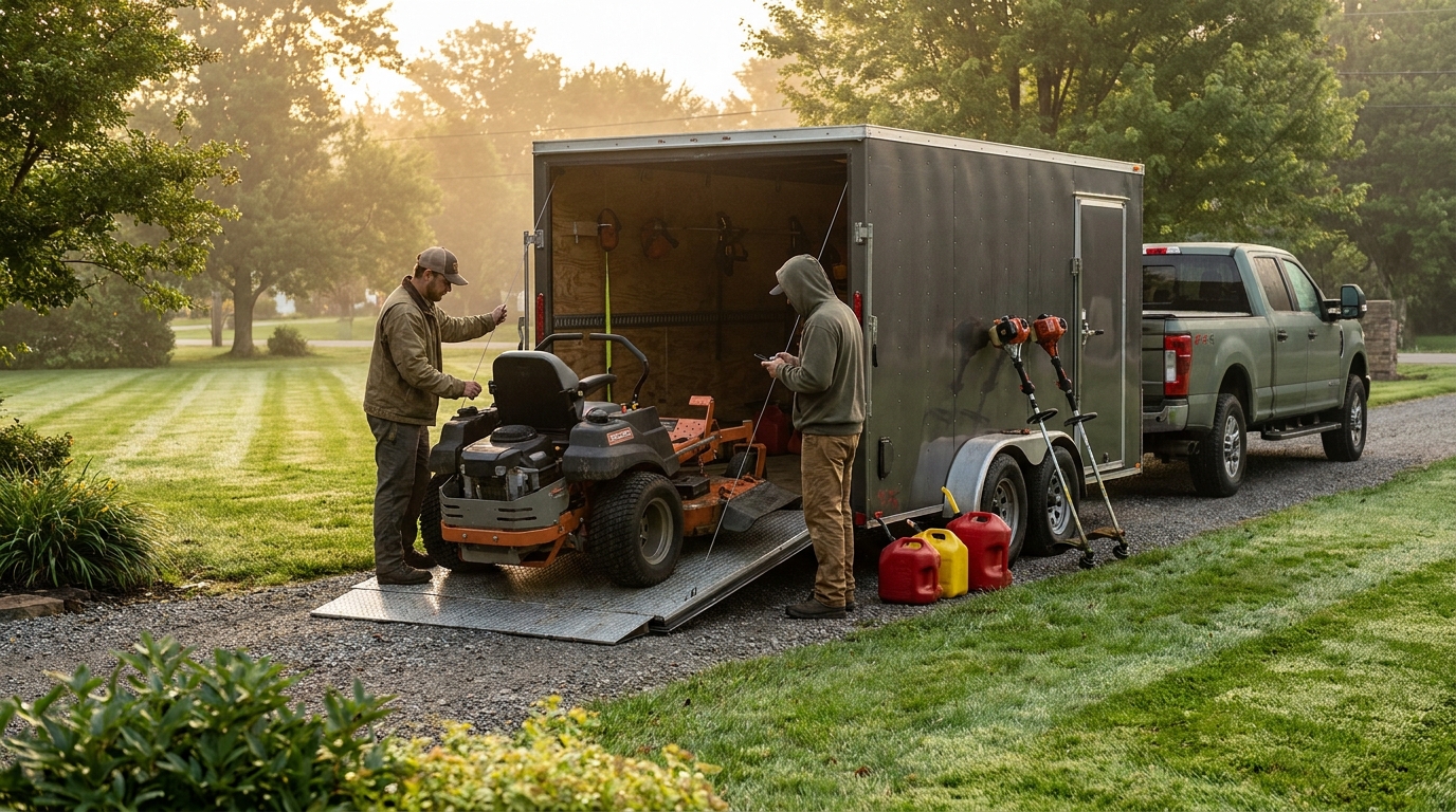 Lawn crew loading a zero-turn mower onto a trailer at dawn, the real cost inputs of a lawn care route day