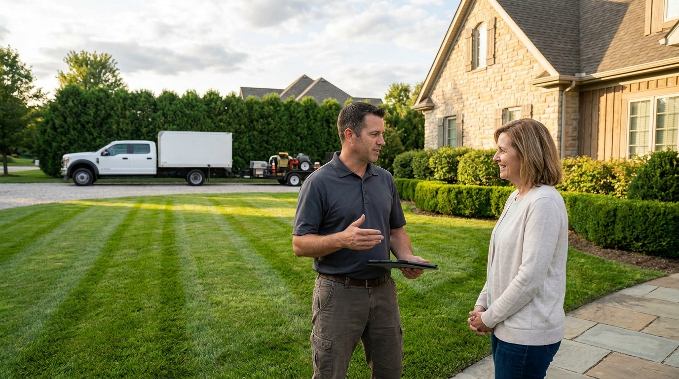 Landscaping company owner explaining a service change to a homeowner client on a freshly cut lawn