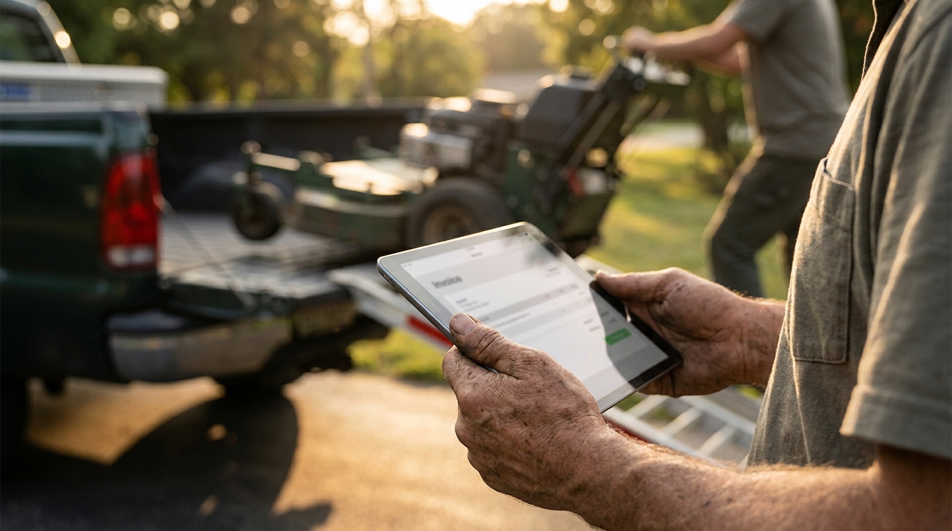 Landscaper holding a tablet showing an invoice beside a work truck, illustrating what lawn care software costs per job