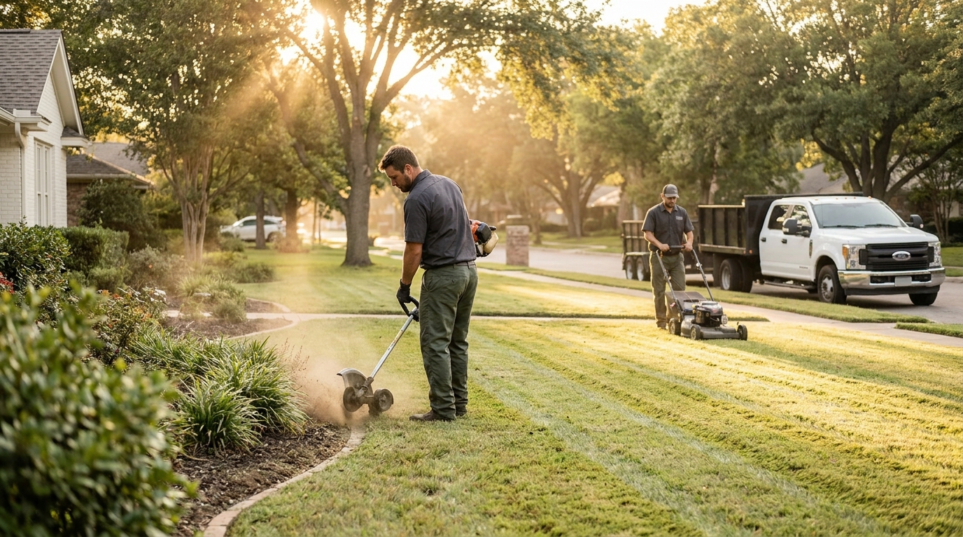 Two-person landscaping crew edging and mowing a front yard, the seats a lawn care software subscription has to cover