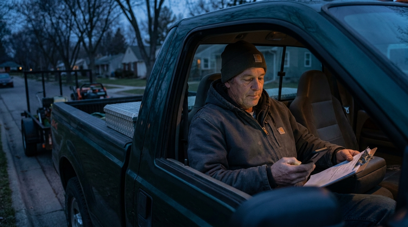 Landscaping business owner reviewing paperwork in a truck cab at dusk, weighing a software renewal