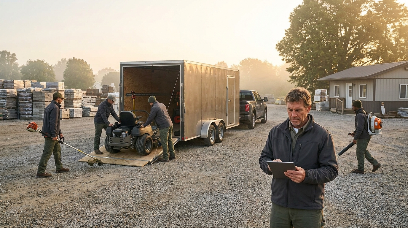A five-person landscaping crew loading mowers and trimmers into a trailer at dawn, the crew size that decides whether LMN pricing works
